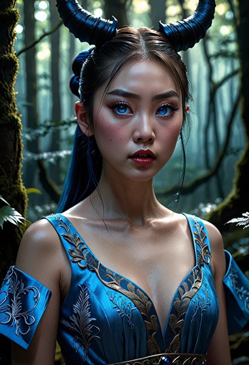 a japanese girl with a ponytail,beautiful detailed blue eyes,beautiful detailed lips,detailed face,long eyelashes,blue dress,talking to a demon,dark fantasy forest,dramatic lighting,intricate details,cinematic composition,high quality,8k,photorealistic,masterpiece,digital art,concept art,dramatic colors,moody atmosphere