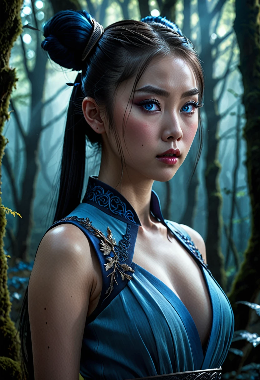 a japanese girl with a ponytail,beautiful detailed blue eyes,beautiful detailed lips,detailed face,long eyelashes,blue dress,talking to a demon,dark fantasy forest,dramatic lighting,intricate details,cinematic composition,high quality,8k,photorealistic,masterpiece,digital art,concept art,dramatic colors,moody atmosphere