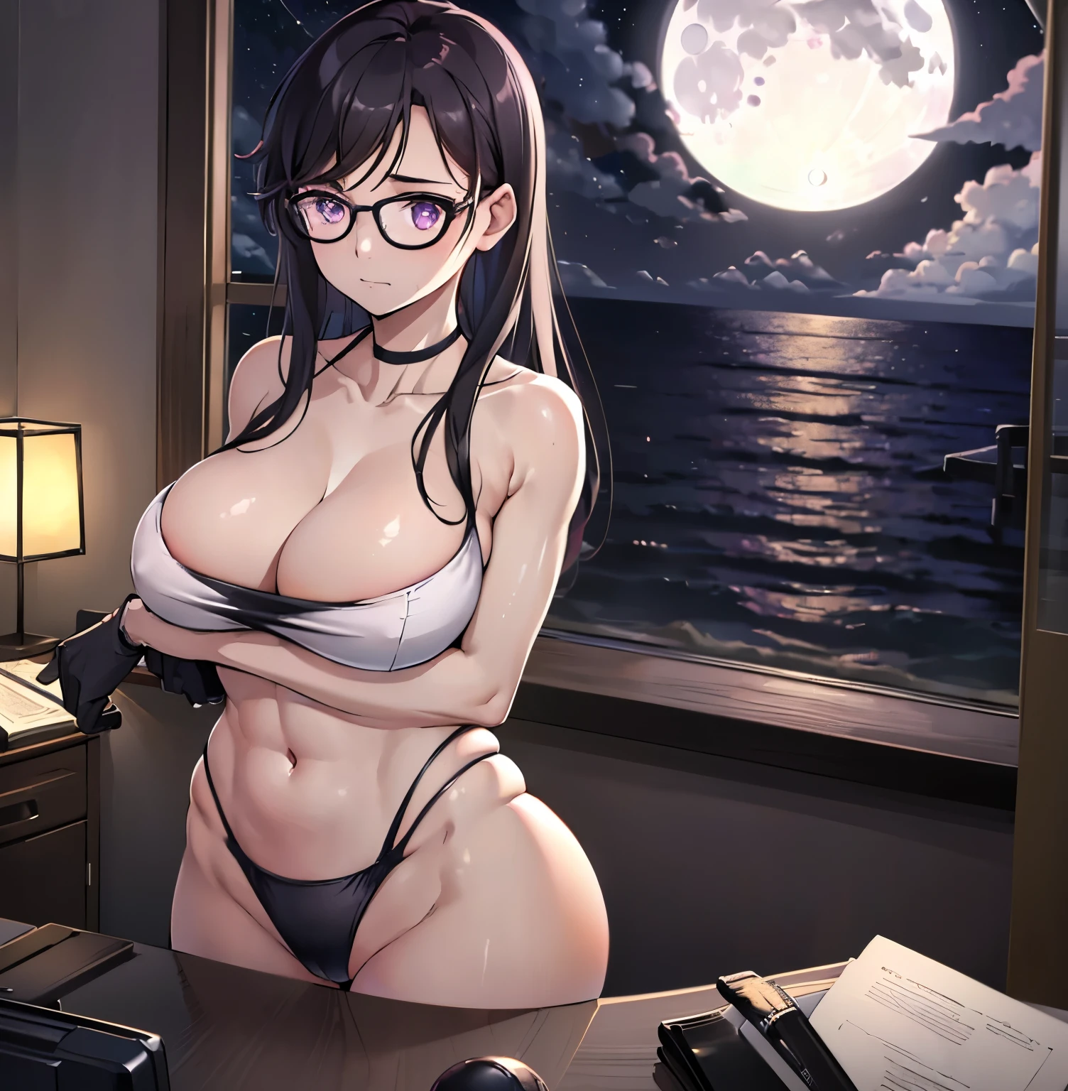((1 girl)),((alone)), hizuru minakata, Masterpiece, Ultra detailed, detailed background, sharp focus, curvy body, looking at viewer, perfect fingers, mature woman, cowboy shot, dynamic pose, hair long, black hair, black glasses, purple eyes, smiling, seductive, standing, black choker, choker, (bare shoulders, , indoor, night, moon, window, beach view, hotel room, Sea view: 1.5, Clouds :1.5), (black lingerie: 1.2), (1-piece lingerie: 1.2), (thigh strap: 1.2), (groin, navel: 1.0), buttocks crease, visible_through_thighs, thigh gap, big breasts , medium waist, medium hips, wide thighs, round butt,((solo)),standing, looking back,from behind,((focus on ass, pov (from below), perfect anatomy, perfect hands
