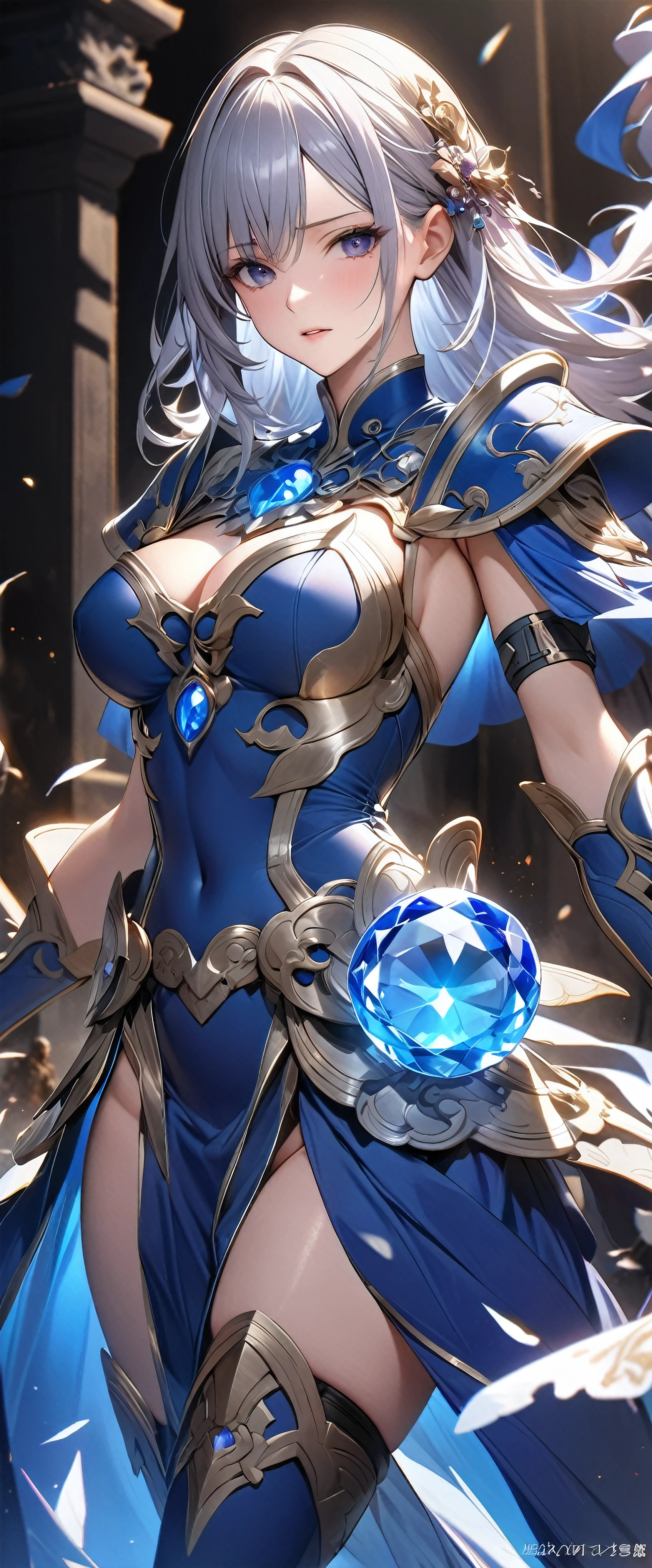 a close up of a woman in a silver and blue dress, chengwei pan on artstation, by Yang J, detailed fantasy art, stunning character art, fanart best artstation, epic exquisite character art, beautiful armor, extremely detailed artgerm, detailed digital anime art, artgerm on artstation pixiv, armor girl