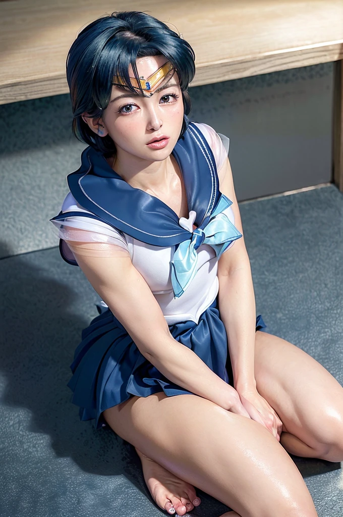 OP quality, masterpiece, (Original photo, Professional photography, photoRealistic, Realistic:1.3), Highly Detailed CG 16K Unity Wallpaper, (Best aesthetics, Natural light:1.1), Ultra-high resolution, (Correct Anatomy:1.5), ((highly Detailed skin texture:1.1)), ((From above:1.3)), One Mature Woman, Japanese women, alone, View your audience, (Sailor Mercury:1.4), 50 years old, Blue Hair, short hair, Detailed skin, (Sleepy eyes、Open your mouth:1.5), Detailed nose, Beautiful Lips, ((Sailor Mercuryのコスチューム:1.4)), ((skirt:1.4)), ((Center of chest:1.3)), (Sleep on your back.:1.5), (With arms outstretched:1.5),(Spread your legs:1.5),(Look up:1.5), (((indoor, Midnight, Dark Room, Empty operating room:1.2)))