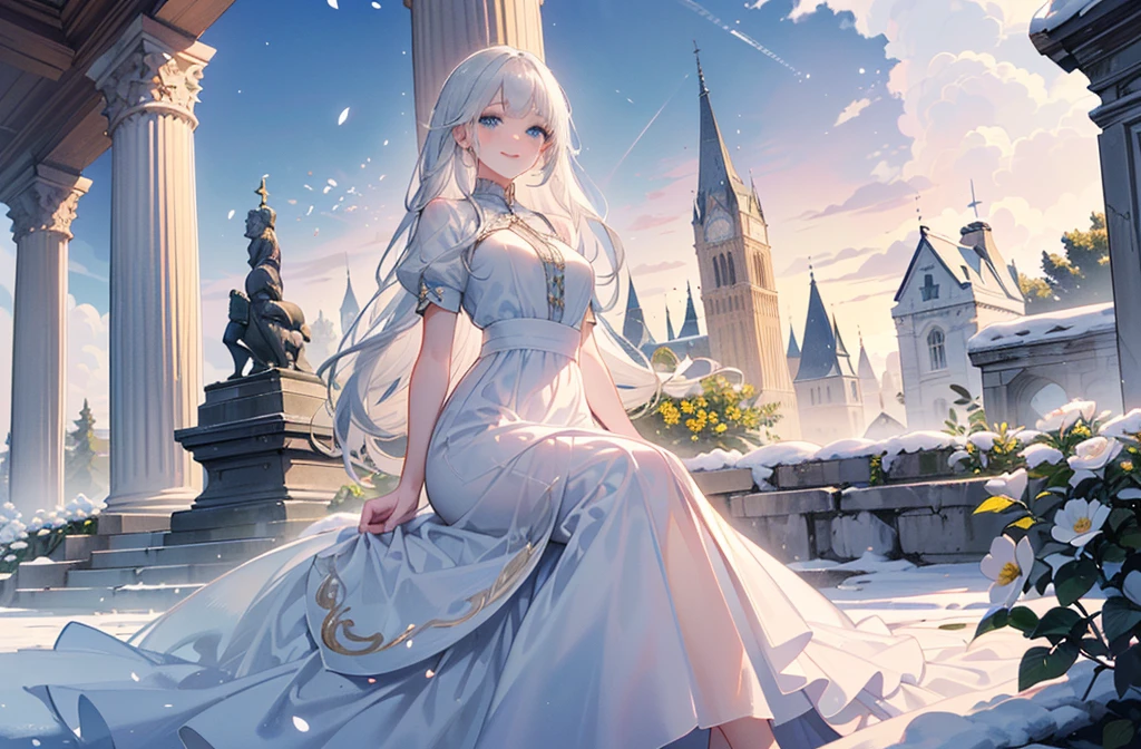 ((best quality,masterpiece,Extremely complex and exquisite details,There is only one beautiful girl with long white straight hair and blue eyes,Smile,long skirt)),(Exquisite light blue and white clothing,Beautiful bright and exquisite ancient style white castle architectural background),(correct ???????,exquisite face),(Exquisite fantasy dream style,Snow,Falling Flowers,The great outdoors),Sitting