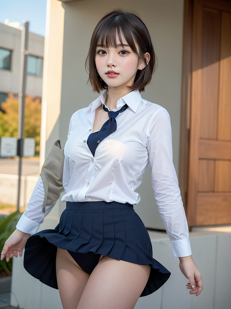 ((Best of the highest quality, 8k, Masterpiece, raw photo: 1.2)), (Sharp focus: 1.2), (1 AESPA, slim body type female, 21 y/o: 1.1), (Solo: 1.1), (realistic, photo-realistic:1.37), face focus, cute face, finely eyes, (droopy eyes: 1.32), (Emphasize prominent aegyo-sal with bright: 1.2), shimmering eyeshadow applied under the lower lash line, paired with thick, (small breasts, flat chest, Thigh: 1.3), (short messy hair, bangs: 1.28), (business suit, pleats skirt: 1.32), walking terrace dining, arms up, flower, (from below, windy upskirt: 1.12)
