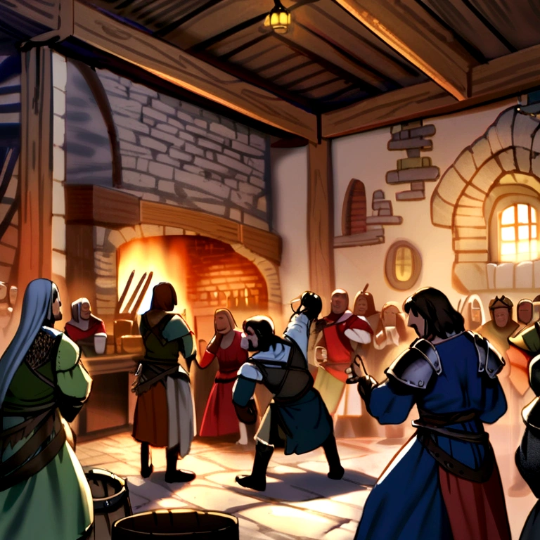 Crowded tavern, fight, medieval times