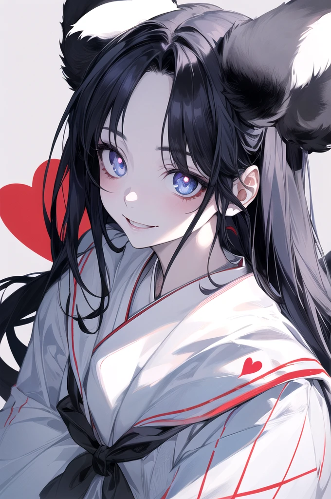 1woman, calm face and with a smile, basic japanese sailor uniform, Bright, light blue eyes, heart-shaped pupils, black fur, pale skin, blood on the face