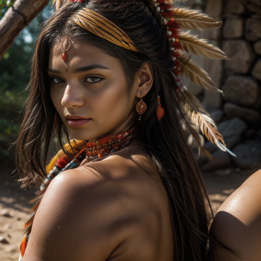 Beautiful Cherokee Indian woman with beautiful orange headdresses, red and beige.
