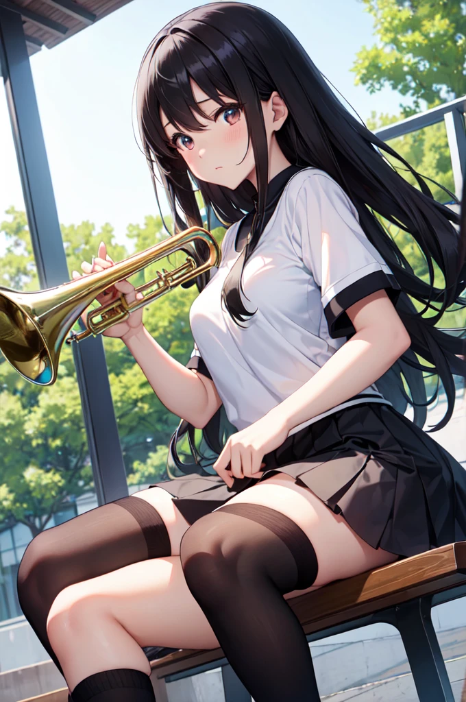 high resolution。High resolution、Low - Angle、masterpiece、Beautiful black-haired girl、、Round eyes、Playing the Trumpet、White sleevelesiniskirt and knee socks。sweating、high resolution8K