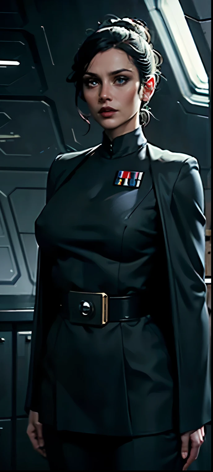 Incredibly detailed wide angle shot shot of a gorgeous and skinny woman with EXTREMELY saggy big breasts, nipples visible through clothing, a narrow waist, a incredibly supermodel thin body, with VERY narrow hips, super thin legs, (bimbo lips), vivid blue eyes, extremely detailed face, thoughtful expression, (long ((black)) hair styled in bun), Star Wars Imperial Officer black uniform, ((white) admiral cape), matte paint, atmospheric, dramatic lighting, standing inside an imperial space ship.