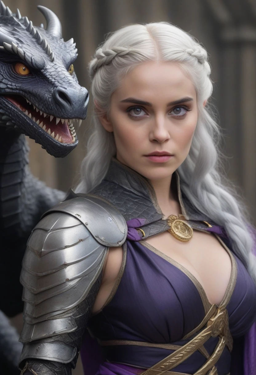 (Masterpiece artwork, 8K, uhd, high resolution: 1.4), iconic portrait of Visenya Targaryen, (silver-gold hair braided and tied with rings: 1.3), (piercing violet eyes: 1.3), (austere and voluptuous beauty: 1.2), (dressed in elegant silk or imposing armor: 1.2), (wielding the Valyrian Steel sword, black sister: 1.3), (mounted on her black dragon with shining scales: 1.2), (King's Landing scenery in the background, with tall towers visible: 1.1), (atmosphere of determination and mystery: 1.3), realistic and intricate details, (fantasy and story elements: 1.2), (heroic and powerful perspective: 1.3)