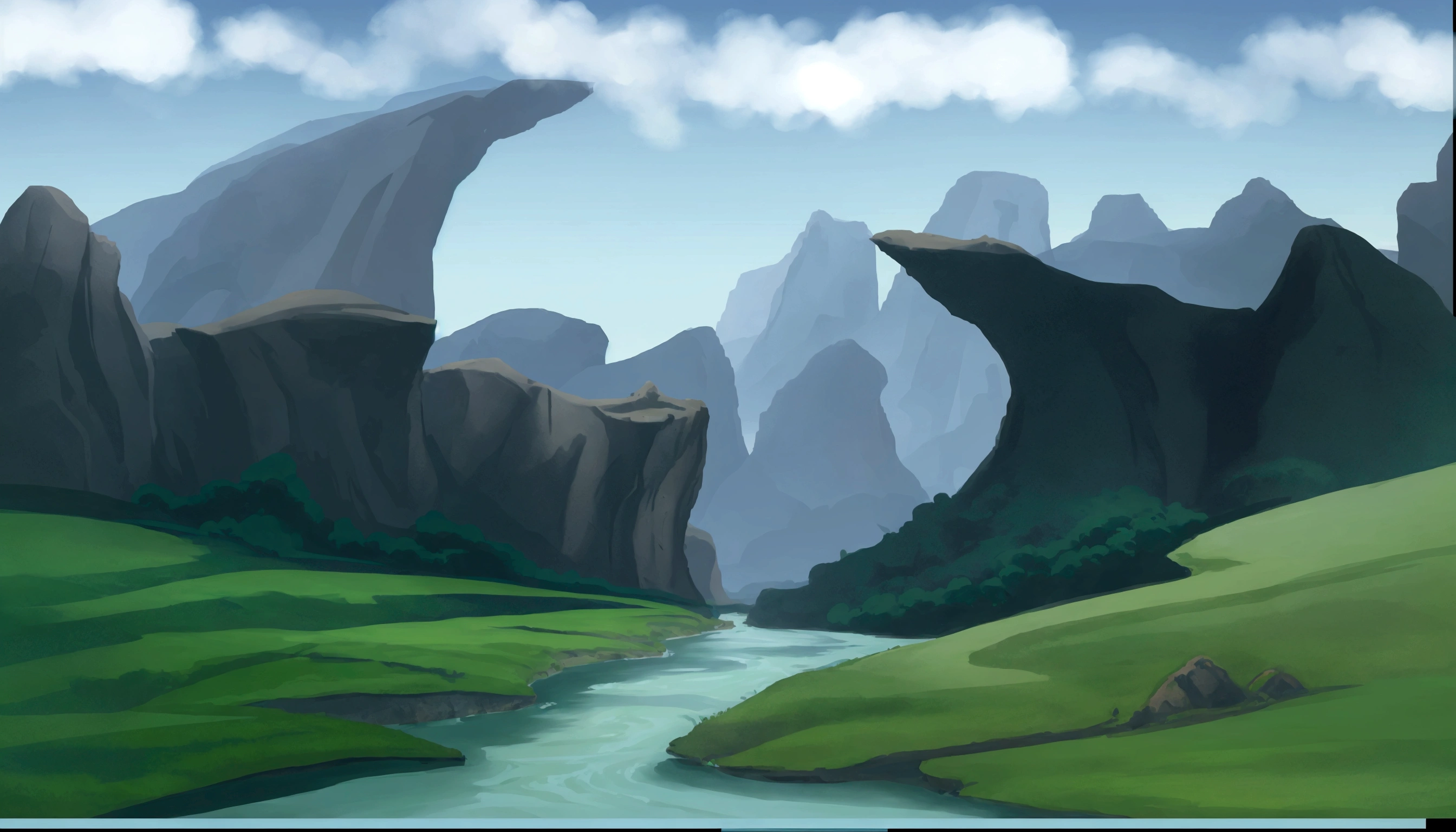 there is a painting of a river running through a valley, background art, 2 d game art background, landscape background, canyon background, random background scene, some mountains in the background, scenic background, 2d game background, rocky environment, background artwork, rpg landscape, epic background, an epic landscape, scenery game concept art, detailed digital painting, art station landscape