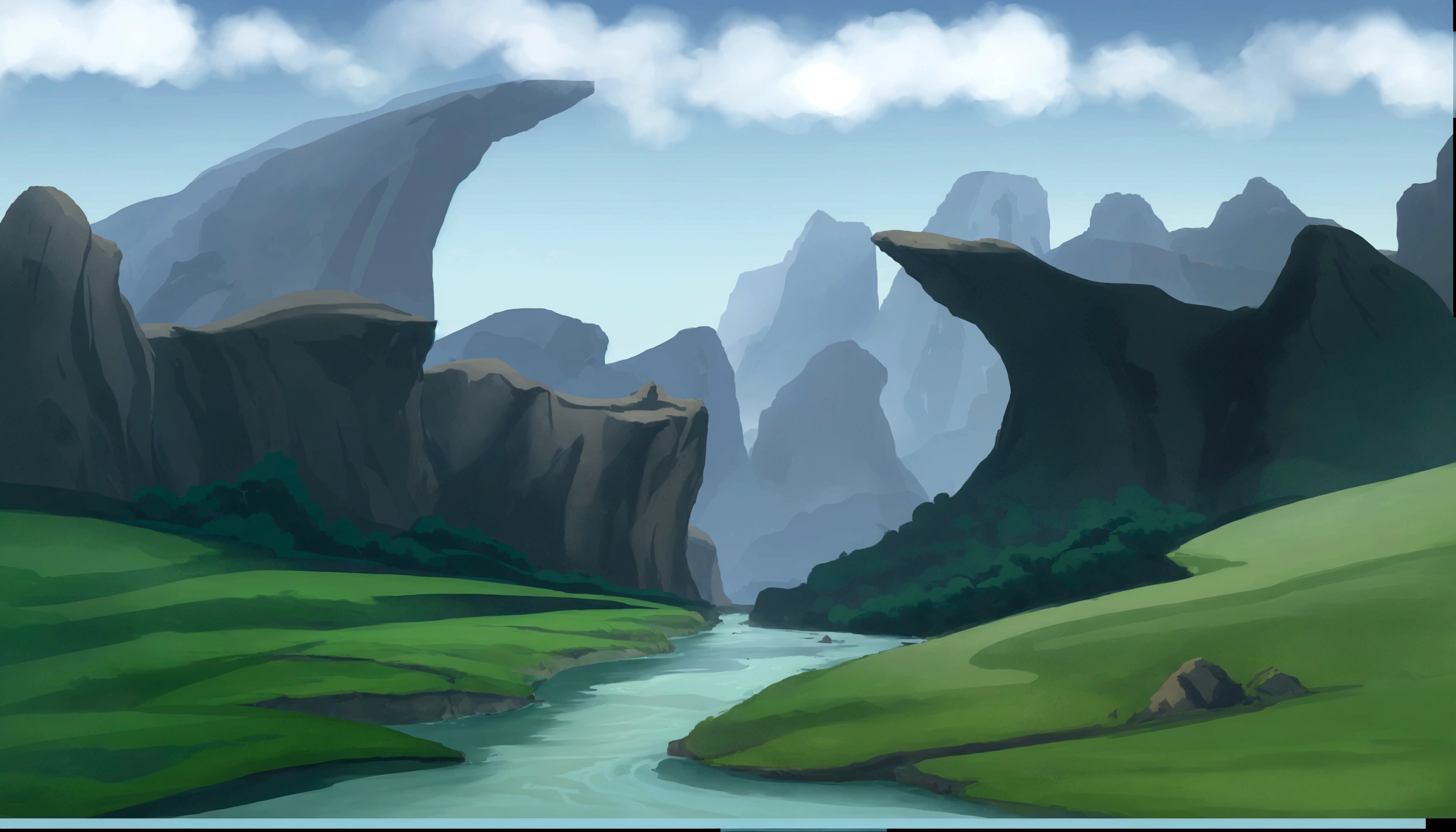 there is a painting of a river running through a valley, background art, 2 d game art background, landscape background, canyon background, random background scene, some mountains in the background, scenic background, 2d game background, rocky environment, background artwork, rpg landscape, epic background, an epic landscape, scenery game concept art, detailed digital painting, art station landscape