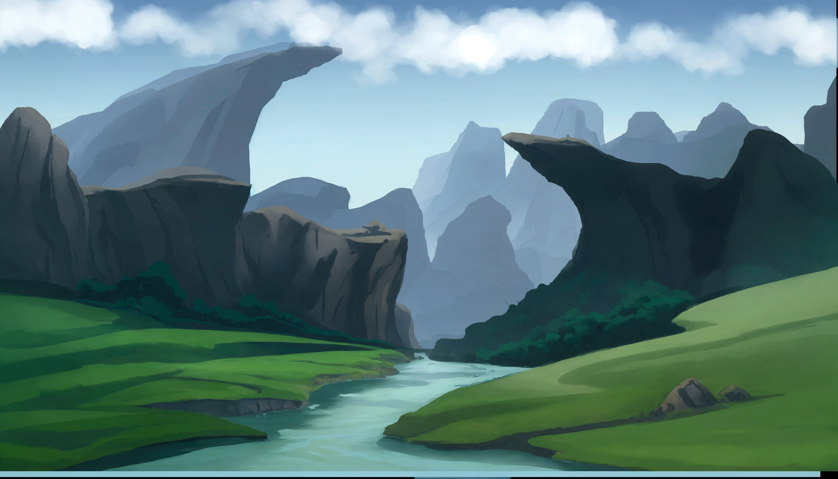 there is a painting of a river running through a valley, background art, 2 d game art background, landscape background, canyon background, random background scene, some mountains in the background, scenic background, 2d game background, rocky environment, background artwork, rpg landscape, epic background, an epic landscape, scenery game concept art, detailed digital painting, art station landscape