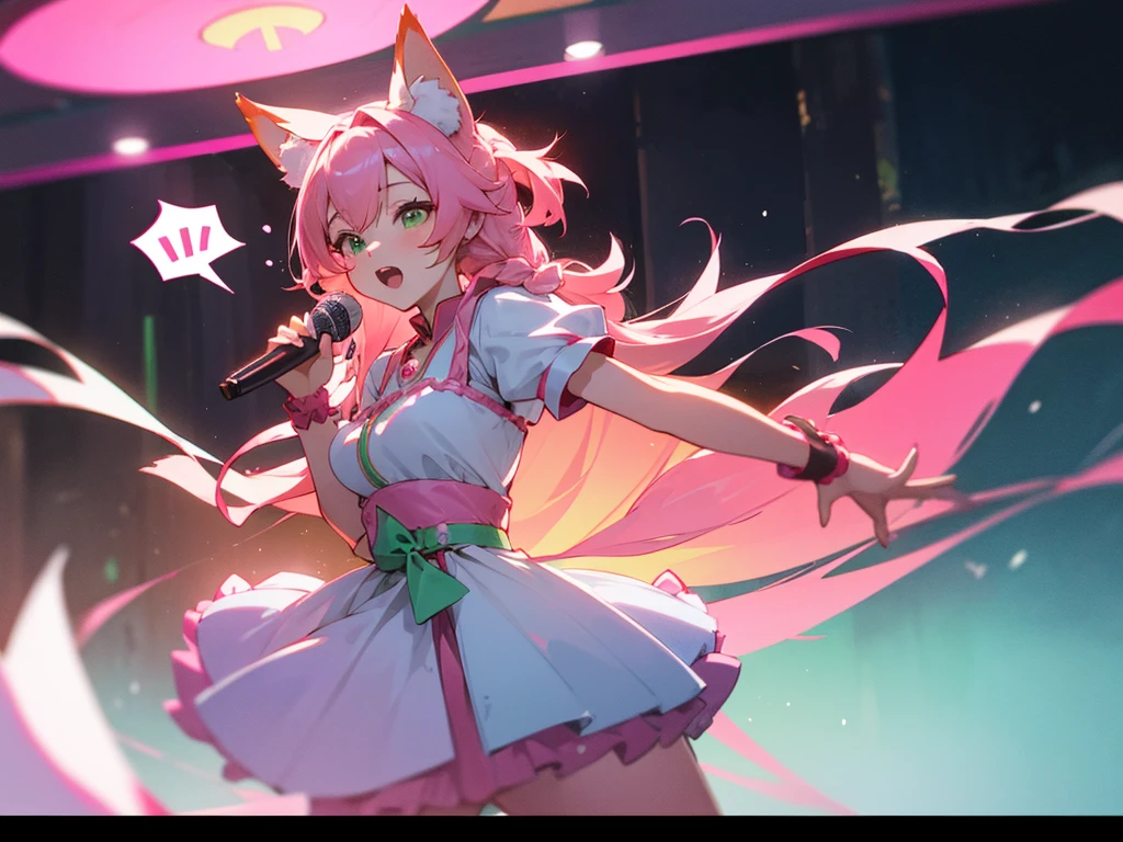 kitsune idol in a tavern, foxgirl, pink fox ears, pink fox tails, pink hair, green eyes, light blue idol dress, tavern background, high quality, masterpiece, singing