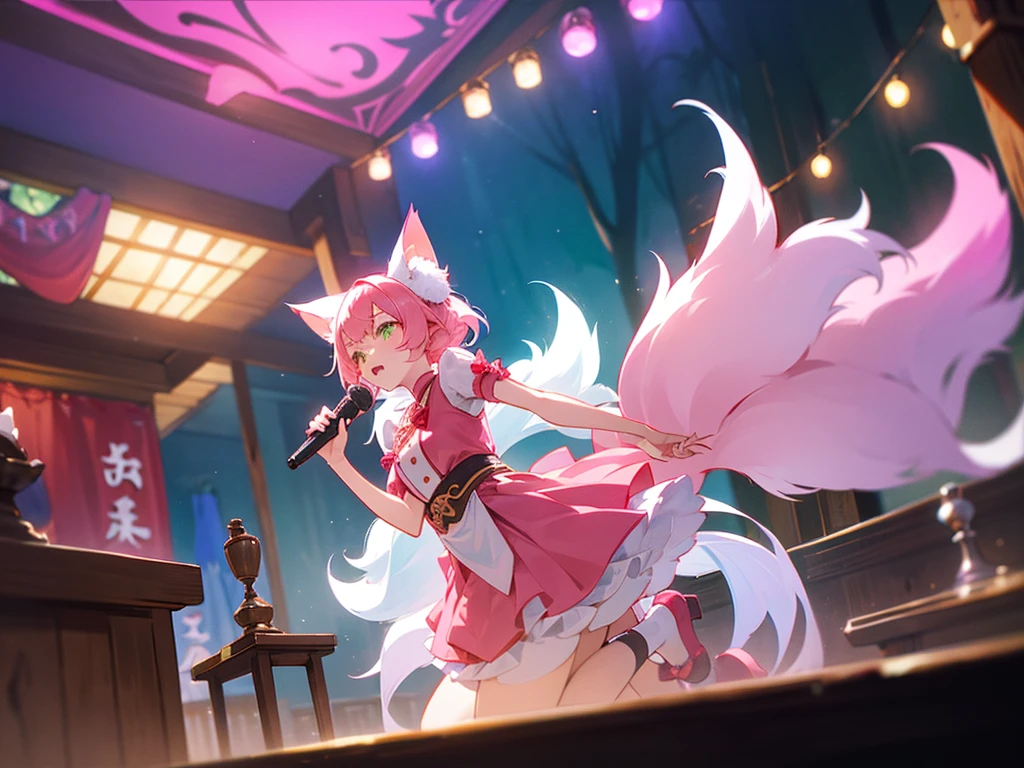 kitsune idol in a tavern, foxgirl, pink fox ears, pink fox tails, pink hair, green eyes, light blue idol dress, tavern background, high quality, masterpiece, singing