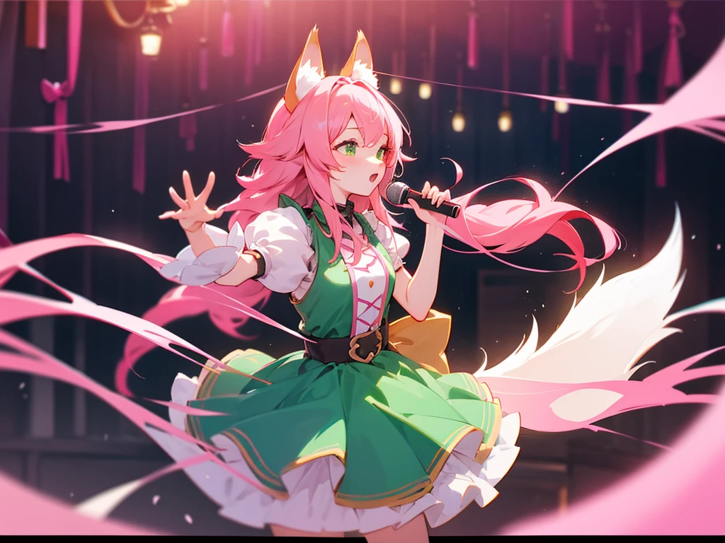 kitsune idol in a tavern, foxgirl, pink fox ears, pink fox tails, pink hair, green eyes, light blue idol dress, tavern background, high quality, masterpiece, singing