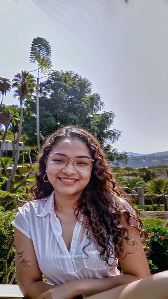 a woman with glasses and a white shirt is smiling for the camera with a picture of a tree in the background, inspired by Verónica Ruiz de Velasco, headshot profile picture, around 30 yo, curly, colombian, professional profile picture, with glasses, vacation photo, instagram story, nivanh chanthara, riyahd cassiem, portait photo profile picture, profile pic