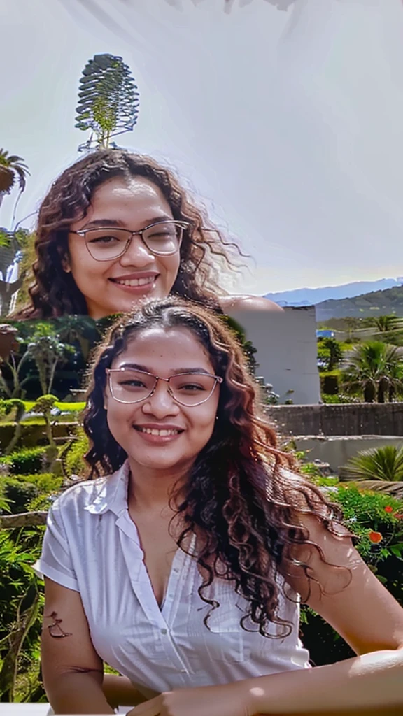a woman with glasses and a white shirt is smiling for the camera with a picture of a tree in the background, inspired by Verónica Ruiz de Velasco, headshot profile picture, around 30 yo, curly, colombian, professional profile picture, with glasses, vacation photo, instagram story, nivanh chanthara, riyahd cassiem, portait photo profile picture, profile pic