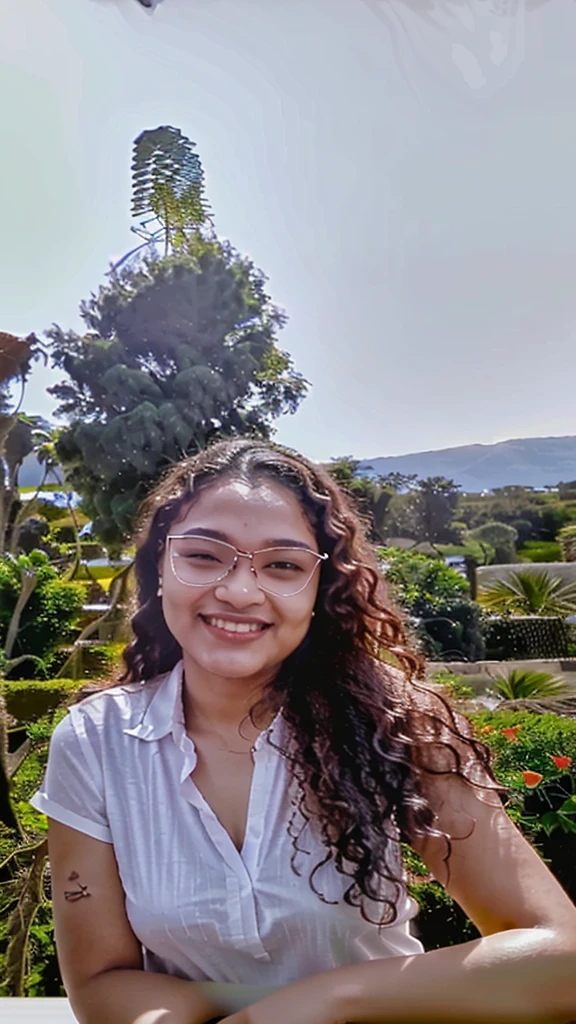 a woman with glasses and a white shirt is smiling for the camera with a picture of a tree in the background, inspired by Verónica Ruiz de Velasco, headshot profile picture, around 30 yo, curly, colombian, professional profile picture, with glasses, vacation photo, instagram story, nivanh chanthara, riyahd cassiem, portait photo profile picture, profile pic