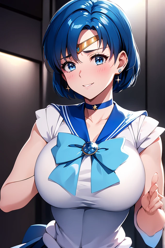 (only, One girl), (Absurd, High resolution, formula wallpaper, Poster), (masterpiece, Best Quality:1.2), (figure, Realist), (Perfect details, Most detailed, Very detailed), Dramatic Light, Ami Mizuno, (Sailor Mercury, Neck tape, Blue Hair, short hair, ring, gem, Half moon earrings), (city, Starry Sky), (White thighs, ,Captivating smile, blush, Are standing) (dress, skirt), Huge breasts, blush, On the bed