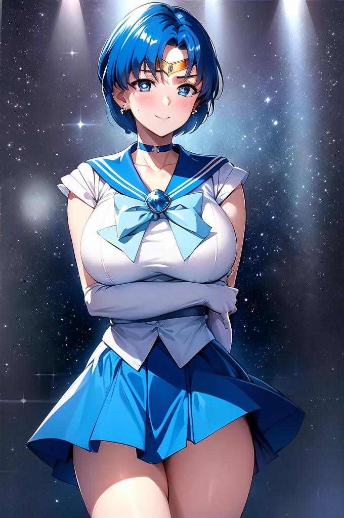 (only, One girl), (Absurd, High resolution, formula wallpaper, Poster), (masterpiece, Best Quality:1.2), (figure, Realist), (Perfect details, Most detailed, Very detailed), Dramatic Light, Ami Mizuno, (Sailor Mercury, Neck tape, Blue Hair, short hair, ring, gem, Half moon earrings), (city, Starry Sky), (White thighs, ,Captivating smile, blush, Are standing) (dress, skirt), Huge breasts, blush, On the bed