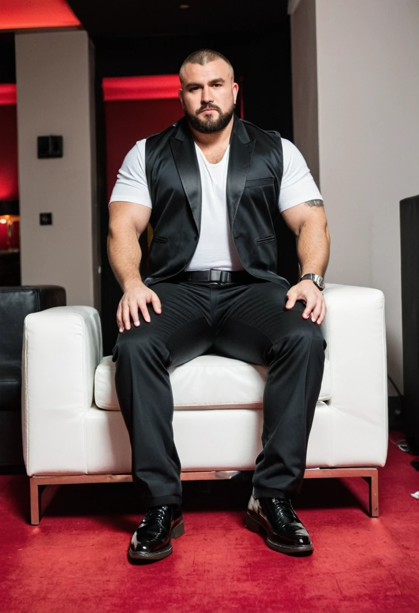 RAW photo, full body, a 35-year-old man, ((dressed as a bouncer)), is sitting on a guest sofa, looking towards the audience, wearing shoes, with both hands forward on his knees, straight forward position,