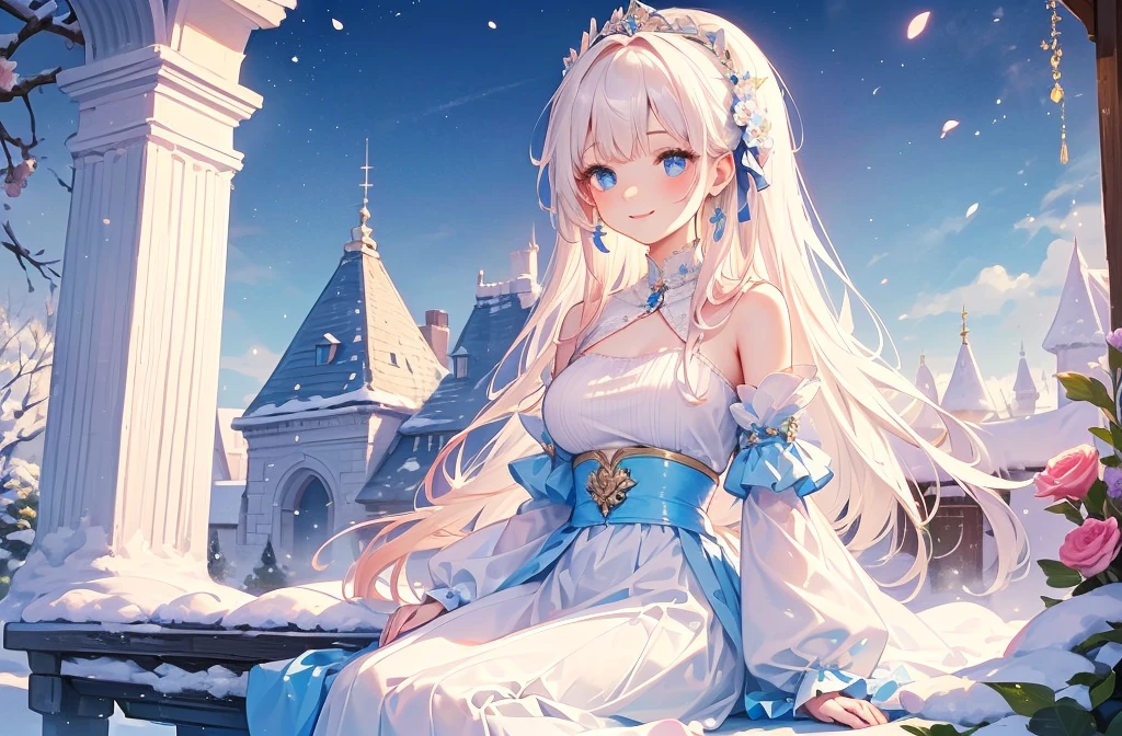 ((best quality,masterpiece,Extremely complex and exquisite details,There is only one beautiful girl with long white straight hair and blue eyes,Smile,long skirt)),(Exquisite light blue and white clothing,Beautiful bright and exquisite ancient style white castle architectural background),(correct anatomy,exquisite face),(Exquisite fantasy dream style,Snow,Falling Flowers,The great outdoors),Sitting