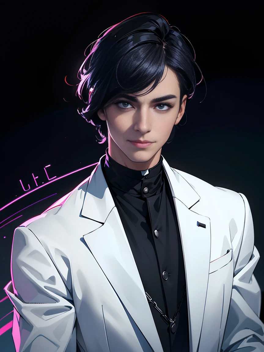 (Best quality, A high resolution,ultra detailed,realistic:1.2),portrait, man, White skin, sci fi, scientist, face confident, A slight smile, elegant white suit, confident pose, black hair styled with side bangs, scientist, bright colors, Cyberpunk, dark background