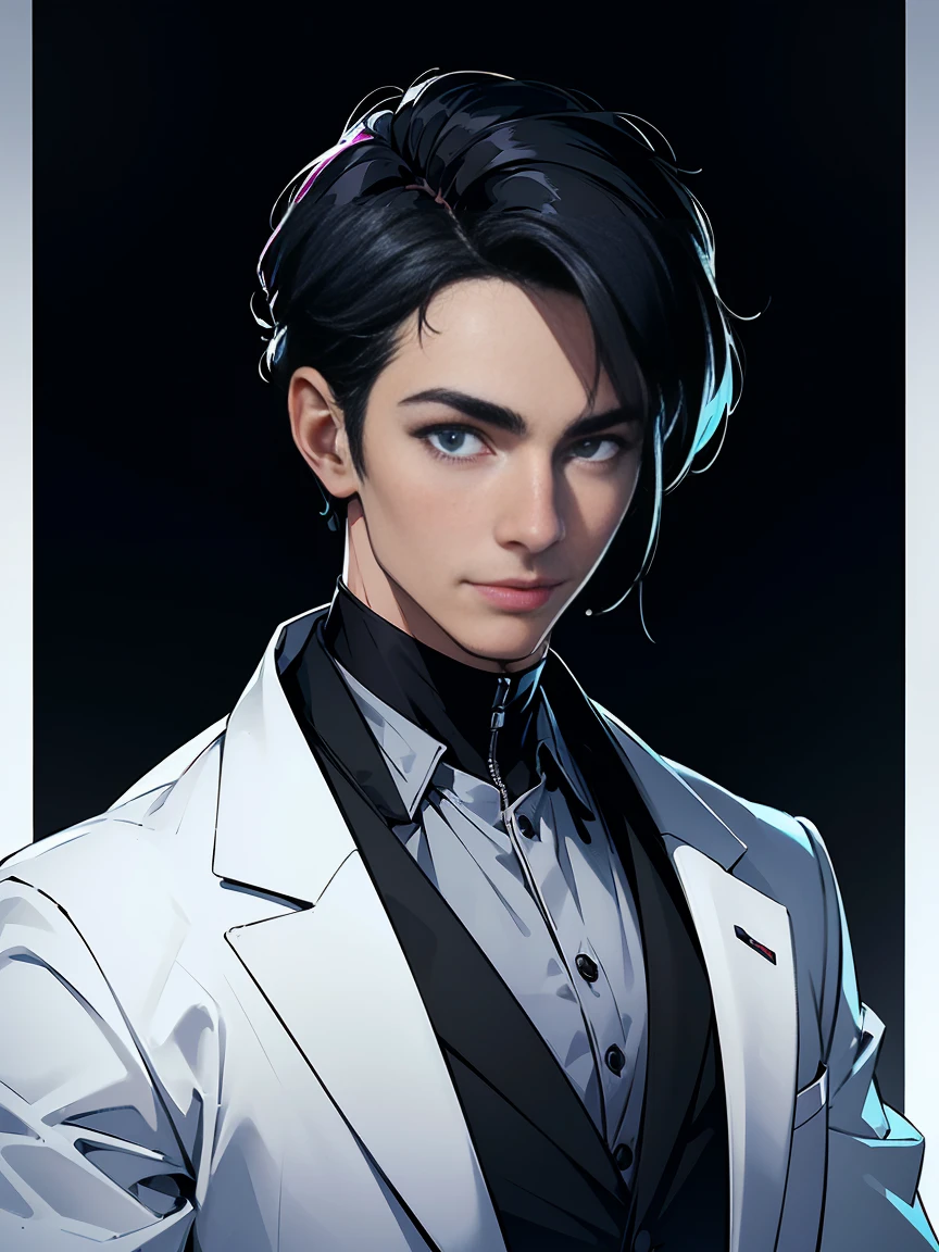 (Best quality, A high resolution,ultra detailed,realistic:1.2),portrait, man, White skin, sci fi, scientist, face confident, A slight smile, elegant white suit, confident pose, black hair styled with side bangs, scientist, bright colors, Cyberpunk, dark background