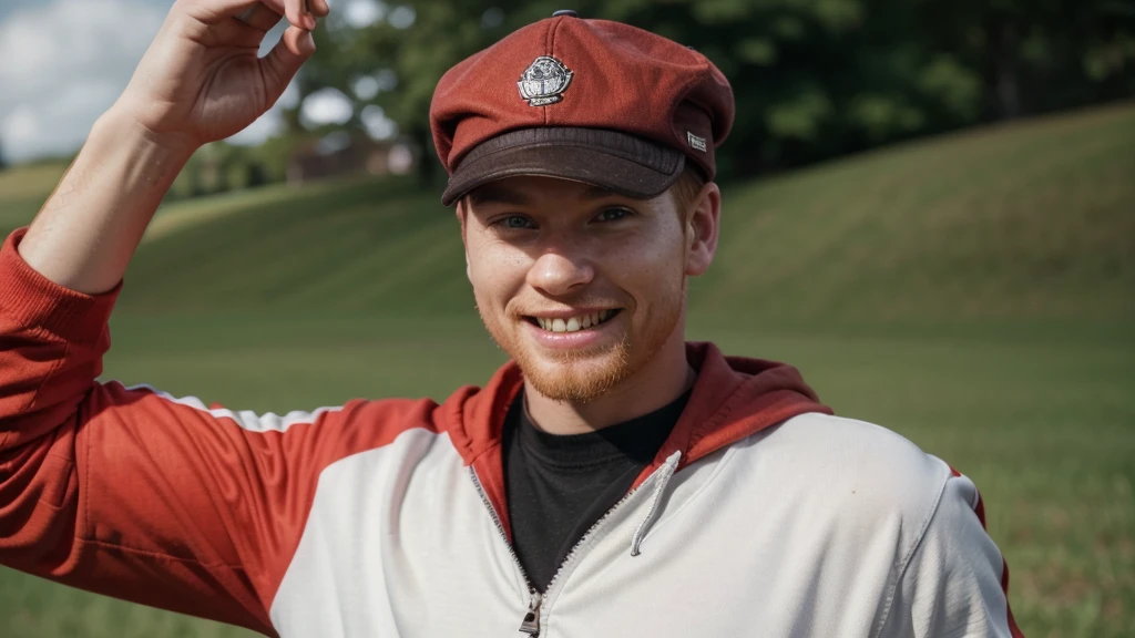 Make a thumbnail for YouTube for Christian church. handsome man, freckles on the face, russet hair, homem redheadwear, redheadwear, Caucasian skin, albino, hoolywood, age 28, black t-shirt and red jacket. It is on the right side of the image, steady look, ssmile, showing teeth, very cheerful, super alegre, buzzing with joy. looking forward and standing still. Man is surprised, glad. Leave the left side of the image empty. Photo ISO 700, 18-55mm f/3.5G VR, nikon d5000 21 megapixel image. ((Chroma key background)). ((Imagem para Thumbnail)).