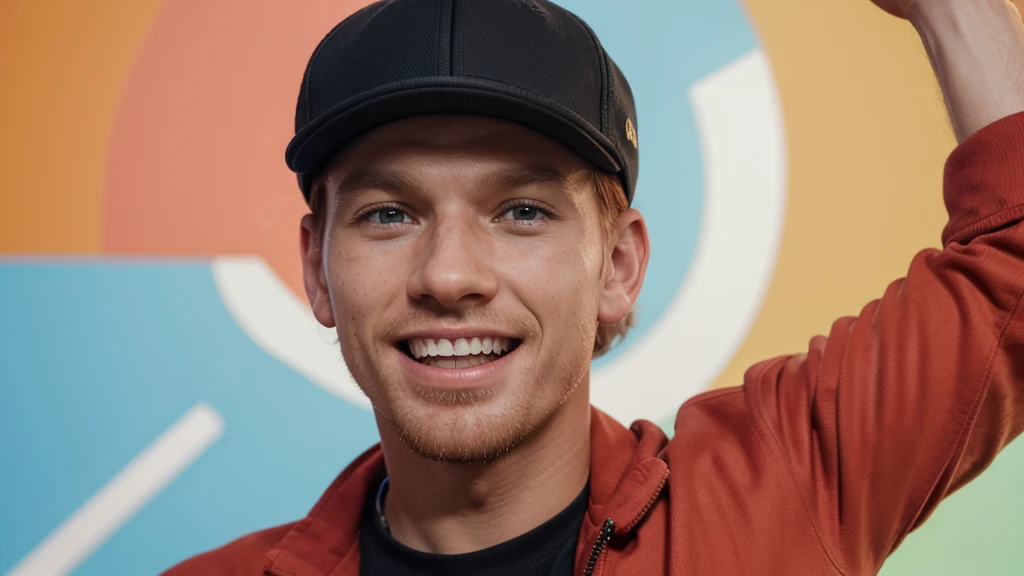 Make a thumbnail for YouTube for Christian church. handsome man, freckles on the face, russet hair, homem redheadwear, redheadwear, Caucasian skin, albino, hoolywood, age 28, black t-shirt and red jacket. It is on the right side of the image, steady look, ssmile, showing teeth, very cheerful, super alegre, buzzing with joy. looking forward and standing still. Man is surprised, glad. Leave the left side of the image empty. Photo ISO 700, 18-55mm f/3.5G VR, nikon d5000 21 megapixel image. ((Chroma key background)). ((Imagem para Thumbnail)).
