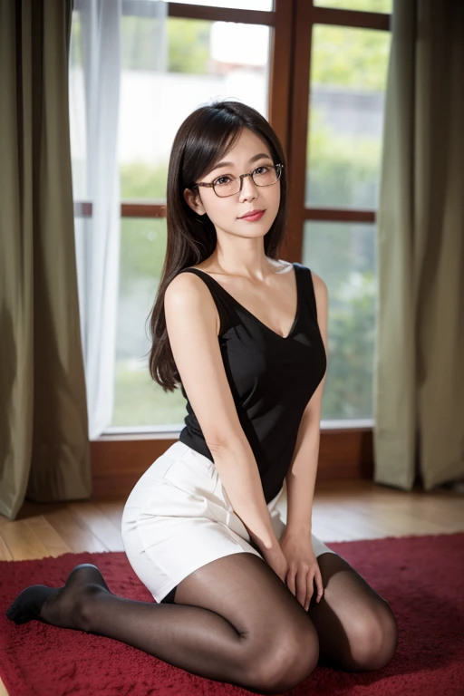 Highest quality、masterpiece、High sensitivity、High resolution、Detailed Description、Slender women、Slim Body、Glasses、Shyly、Stockings up to the knees、Sitting on the ground、