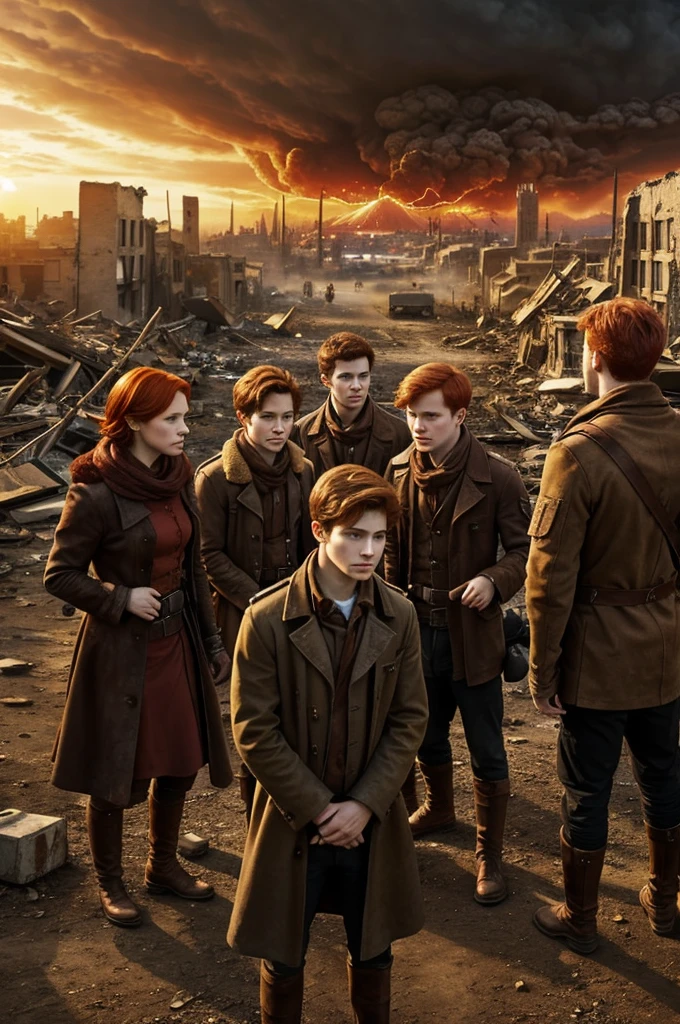 Group of five boys three women, two chestnuts and a redhead with two brown boys, In the background you can see an apocalypse and a destroyed city