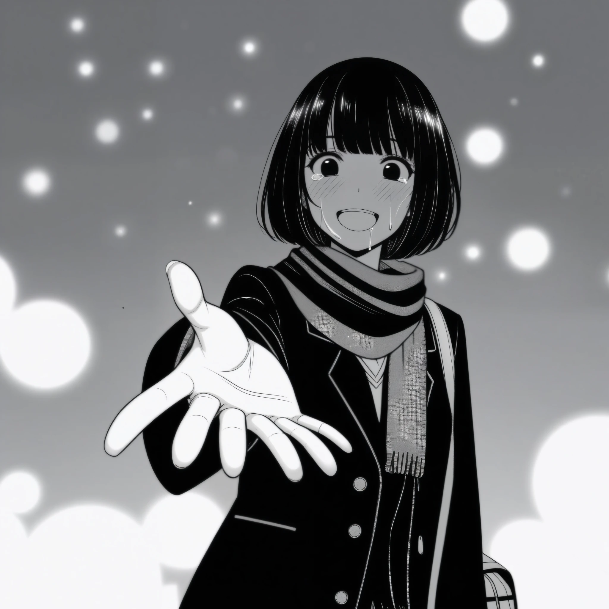 masterpiece, best quality, 1girl, mamerakkkkko, grayscale, manga style, japanese, chi no wadachi, black eyes, street, iced, black hair, schoolbag, smile, lineart, black coat, black scarf, black pleated skirt, leggins, centered, adult female:1.4, tall, fair skinned, bokeh background, crying, tears, tears streaming, bob cut, light particles, centered, snowing, (((reaching out left hand to viewer, perfect hand, detailed hand:1.1)), emotional anime scene
