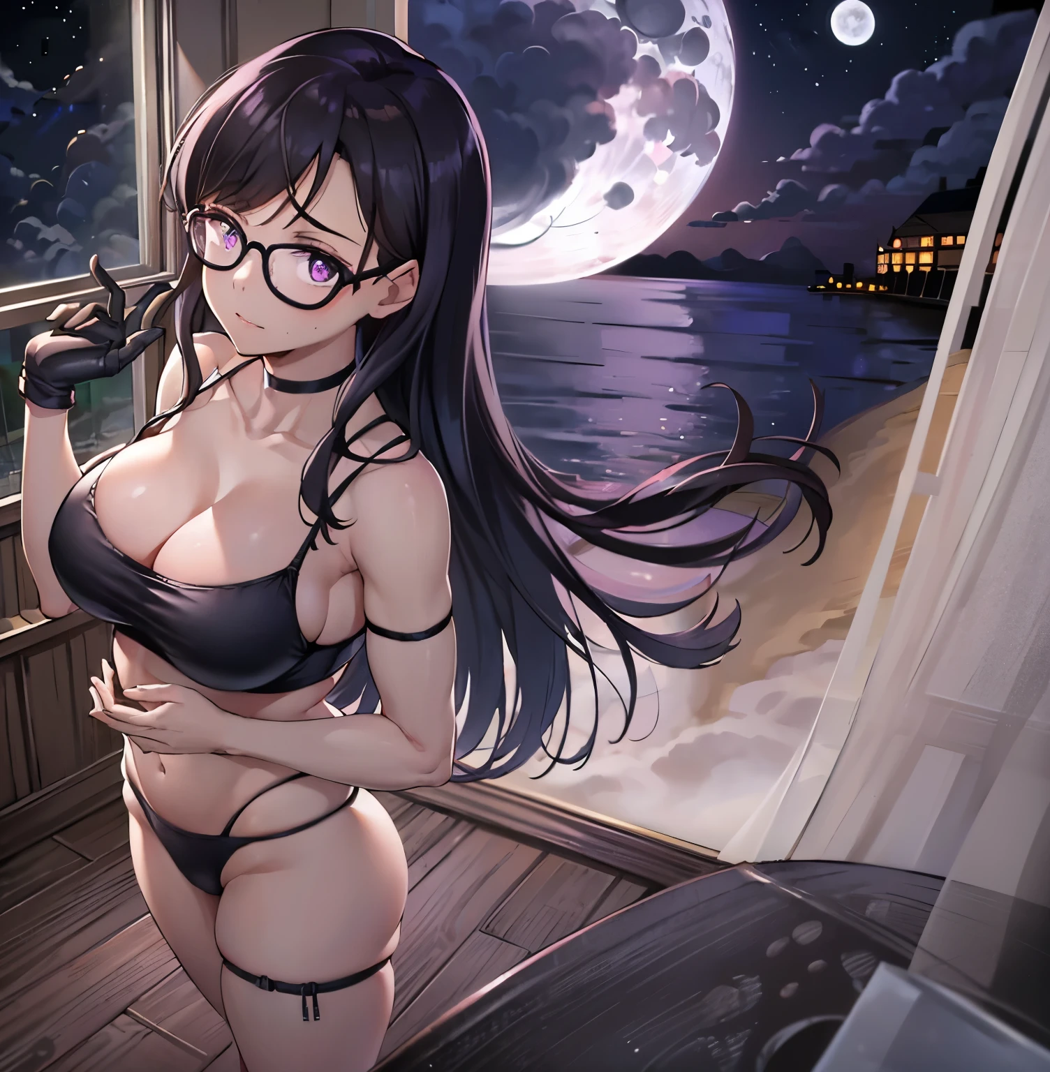 ((1 girl)),((alone)), hizuru minakata, Masterpiece, Ultra detailed, detailed background, sharp focus, curvy body, looking at viewer, perfect fingers, mature woman, cowboy shot, dynamic pose, hair long, black hair, black glasses, purple eyes, smiling, seductive, standing, black choker, choker, (bare shoulders, , indoor, night, moon, window, beach view, hotel room, Sea view: 1.5, Clouds :1.5), (black lingerie: 1.2), (1-piece lingerie: 1.2), (thigh strap: 1.2), (groin, exposed navel: 1.0), buttock crease, visible_through_thighs, thigh gap, breasts large, medium waist, medium hips, wide thighs, round butt,((only)),standing, facing forward,((focus on breasts, pov (from above), perfect anatomy, perfect hands
