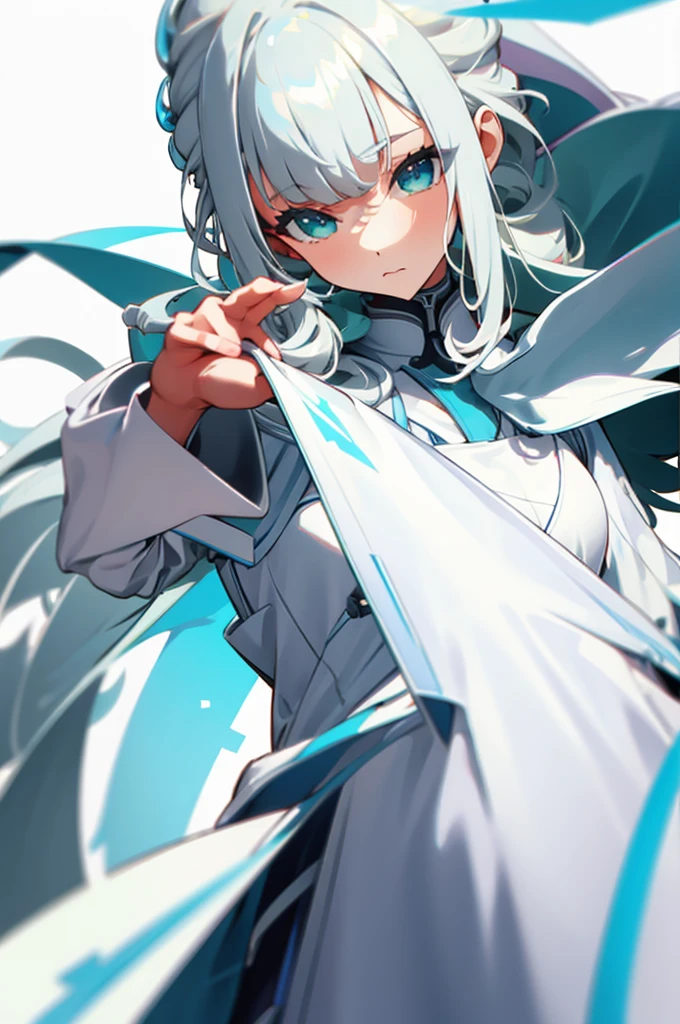 White Hair、Blue-green eyes、Long Hair、White dress、mysterious、White background