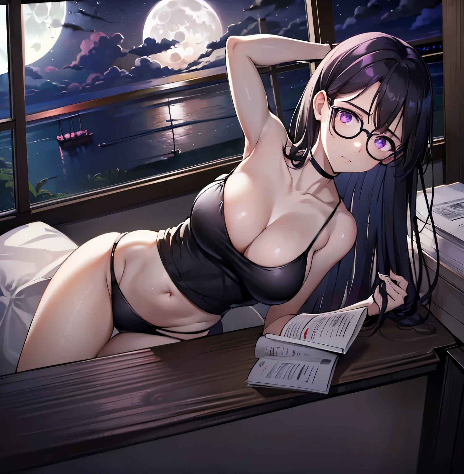 ((1 girl)),((alone)), hizuru minakata, Masterpiece, Ultra detailed, detailed background, sharp focus, curvy body, looking at viewer, perfect fingers, mature woman, cowboy shot, dynamic pose, hair long, black hair, black glasses, purple eyes, smiling, seductive, standing, black choker, choker, (bare shoulders, , indoor, night, moon, window, beach view, hotel room, Sea view: 1.5, Clouds :1.5), (black lingerie: 1.2), (1-piece lingerie: 1.2), (thigh strap: 1.2), (groin, exposed navel: 1.0), buttock crease, visible_through_thighs, thigh gap, breasts large, medium waist, medium hips, wide thighs, round butt,((only)),standing, facing forward,((focus on breasts, pov (from above), perfect anatomy, perfect hands