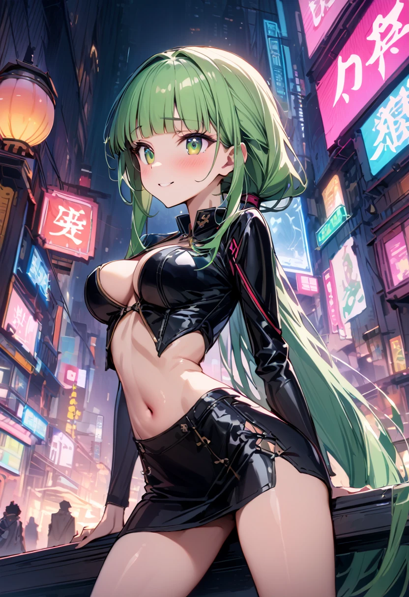((masterpiece,Highest quality:1.3)),cowboy shot,1woman,30 year old beauty,独奏,((very small head:1.3)),green hair,(low ponytail),long hair,blunt bangs,green eyes,gorgeous eyes,shy,smile,medium breasts,((very long body:1.2)),((toned body,slender body,skinny)),gleaming skin,shiny skin,(leather coat、navel、Tight Skirt)、barefoot、standing,Metropolis、neon、cyber punk、World of Blade Runner、