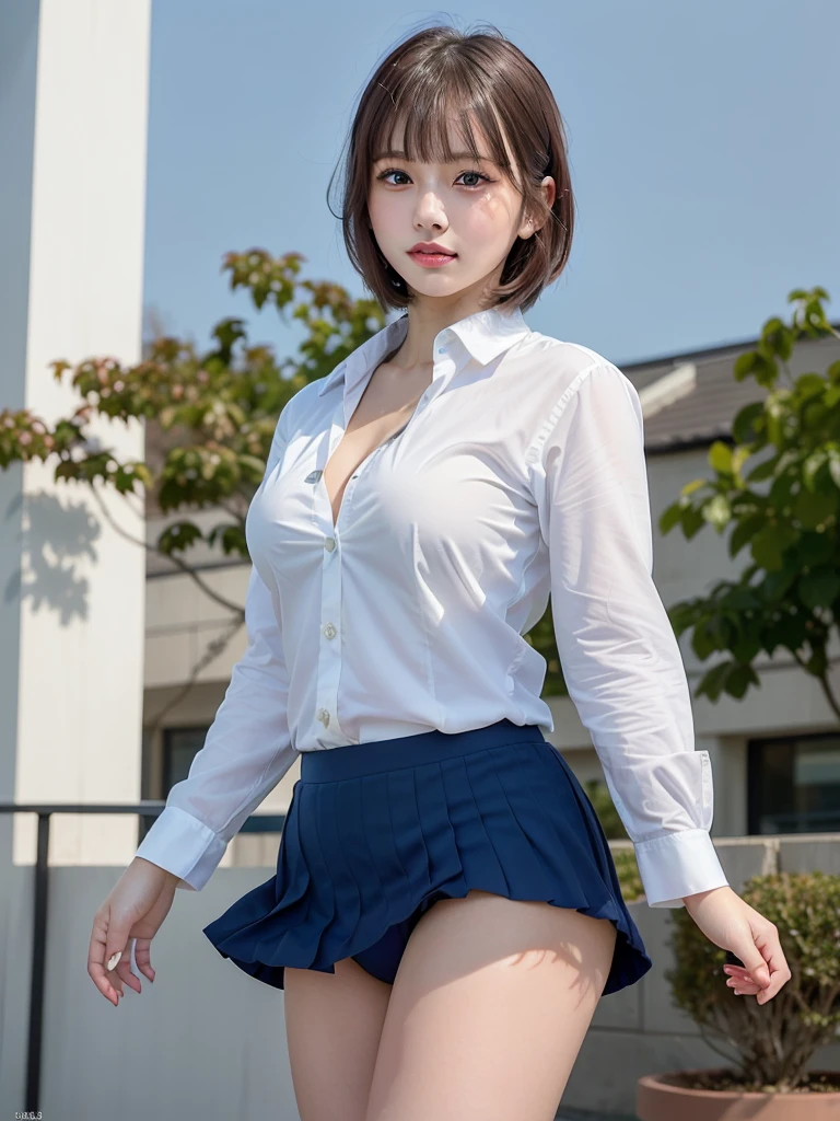 ((Best of the highest quality, 8k, Masterpiece, raw photo: 1.2)), (Sharp focus: 1.2), (1 AESPA, slim body type female, 21 y/o: 1.1), (Solo: 1.1), (realistic, photo-realistic:1.37), face focus, cute face, finely eyes, (droopy eyes: 1.32), (Emphasize prominent aegyo-sal with bright: 1.2), shimmering eyeshadow applied under the lower lash line, paired with thick, (small breasts, flat chest, Thigh: 1.3), (short messy hair, bangs: 1.28), (business suit, pleats skirt: 1.32), walking terrace dining, flower, (from below, windy up skirt: 1.12)