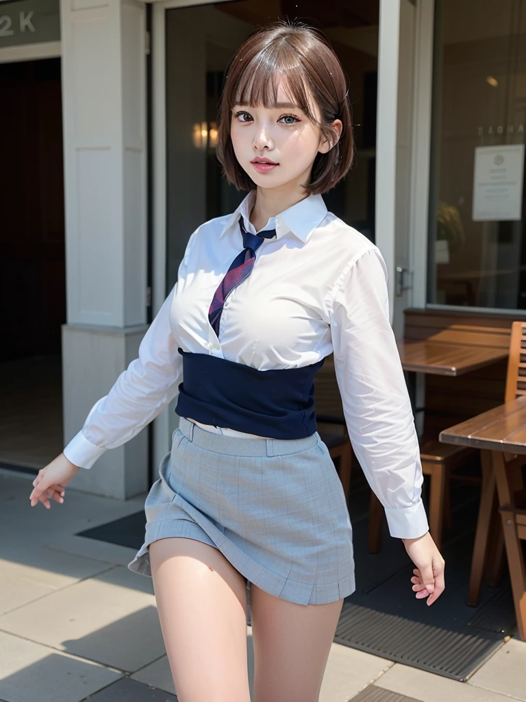 ((Best of the highest quality, 8k, Masterpiece, raw photo: 1.2)), (Sharp focus: 1.2), (1 AESPA, slim body type female, 21 y/o: 1.1), (Solo: 1.1), (realistic, photo-realistic:1.37), face focus, cute face, finely eyes, (droopy eyes: 1.32), (Emphasize prominent aegyo-sal with bright: 1.2), shimmering eyeshadow applied under the lower lash line, paired with thick, (small breasts, flat chest, Thigh: 1.3), (short messy hair, bangs: 1.28), (business suit, pleats skirt: 1.32), walking terrace dining, flower, (from below, windy up skirt: 1.12)