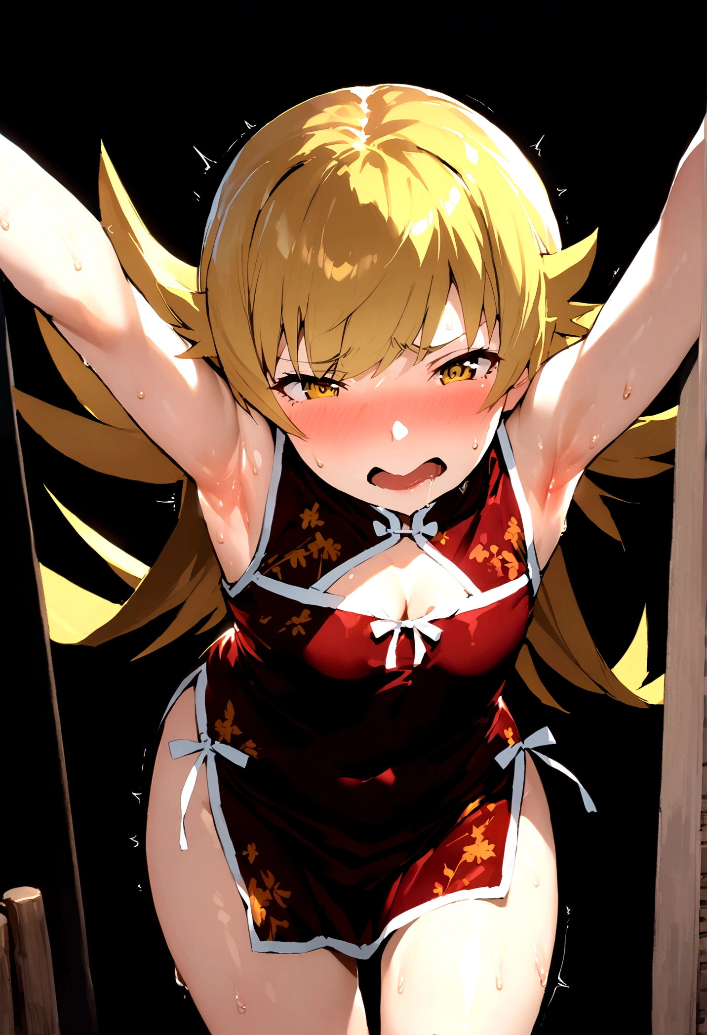 NSFW,masterpiece,Highest quality,High resolution,Super detailed,oshino shinobu \(Bakemonogatari\),Golden Eyes,Blonde,Long Hair,China dress,Chinese clothing,Short dress,Cleavage cutout,Side bust,(Oho face),Embarrassed,Estrus,Sweat,blush,orgasm,Climax,(Squirting),Roll your eyes、squint,(Middle-aged men),Having sex,Creampie,,from the front