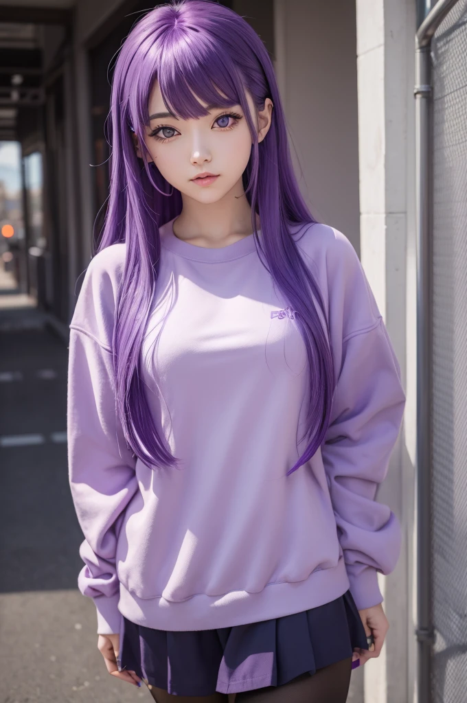 Anime girl with light purple skin and purple bangs with purple hair and purple clothes