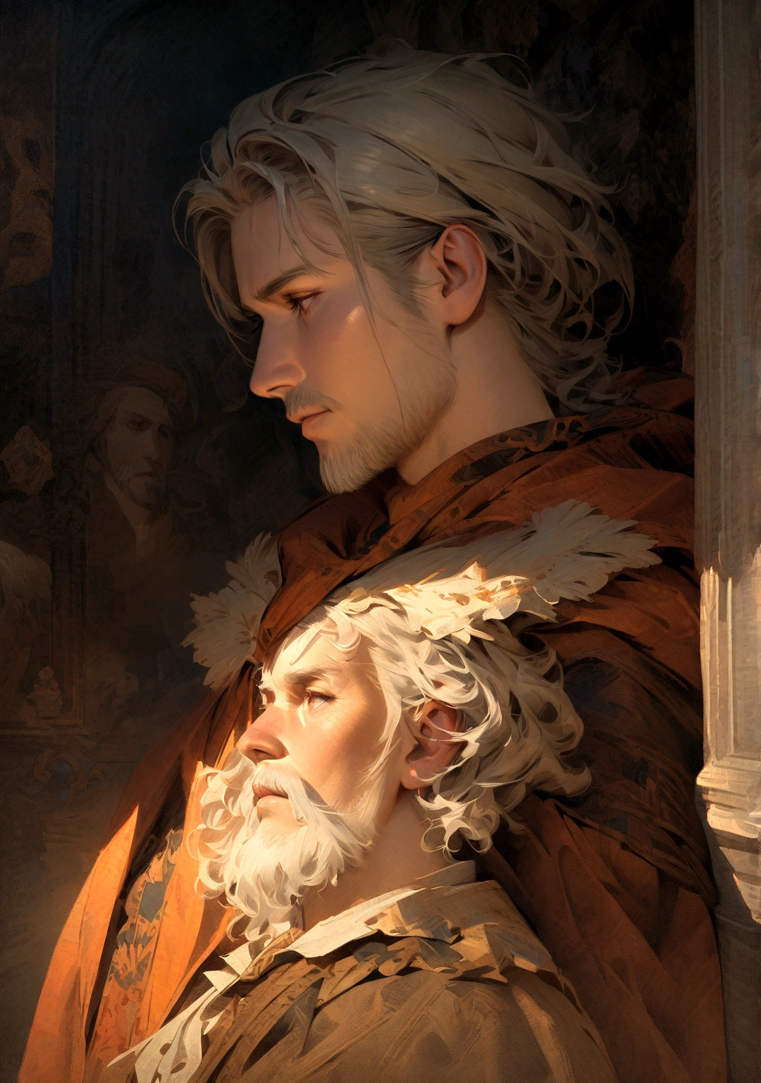 a thoughtful philosopher, a man with a wise and serious expression, introspective portrait, detailed facial features, chiseled facial structure, grey hair and beard, dramatic lighting, warm color palette, oil painting, renaissance art style, masterpiece, 8k, ultra-detailed, photorealistic, dramatic lighting, moody atmosphere, inspirational quote in latin, neoclassical, classical antiquity, philosophical, intellectual, deep gaze, pensive, contemplative