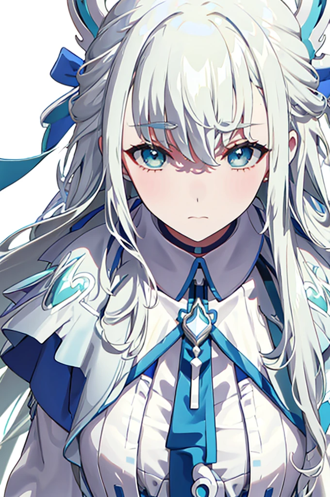 White Hair、Blue-green eyes、Long Hair、White dress、mysterious、White background