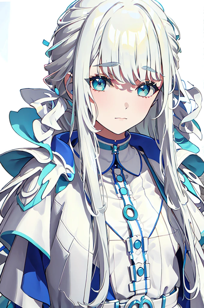 White Hair、Blue-green eyes、Long Hair、White dress、mysterious、White background