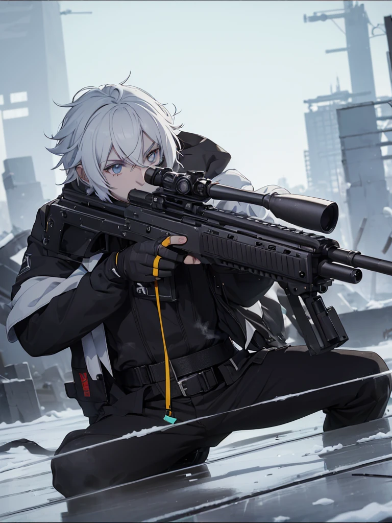 Boy with white hair;
shorth hair;
Messy hair;
eye white;
Some gun sight marks on the pupils;
wear black pants;
black jersey;
A white sweater;
A white scarf;
Snow white pupils The sniper is also white in color There&#39;s a white sniper on the back;


He is lying on the ground aiming with the sniper Right hands Symmetry Best quality No errors 

Sniper na mão 


((Faça ele segurar uma sniper branca simétrica sem erros e a mão segurando corretamente))


((Arma um pouco maior que o corpo))