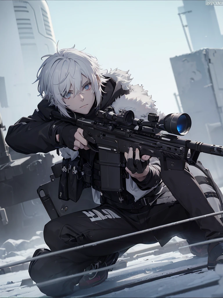 Boy with white hair;
shorth hair;
Messy hair;
eye white;
Some gun sight marks on the pupils;
wear black pants;
black jersey;
A white sweater;
A white scarf;
Snow white pupils The sniper is also white in color There's a white sniper on the back;
He is lying on the ground aiming with the sniper Right hands Symmetry Best quality No errors
Sniper na mão
((Faça ele segurar uma sniper branca simétrica sem erros e a mão segurando corretamente))
((Arma um pouco maior que o corpo))