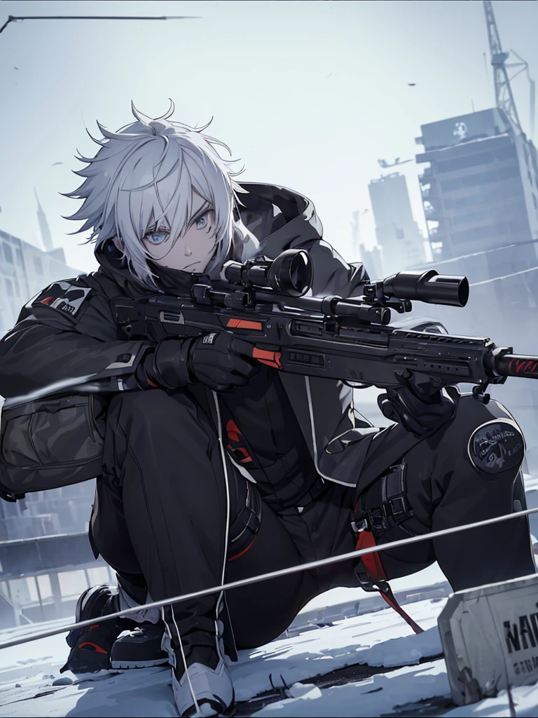 Boy with white hair;
shorth hair;
Messy hair;
eye white;
Some gun sight marks on the pupils;
wear black pants;
black jersey;
A white sweater;
A white scarf;
Snow white pupils The sniper is also white in color There&#39;s a white sniper on the back;


He is lying on the ground aiming with the sniper Right hands Symmetry Best quality No errors 

Sniper na mão 


((Faça ele segurar uma sniper branca simétrica sem erros e a mão segurando corretamente))


((Arma um pouco maior que o corpo))
