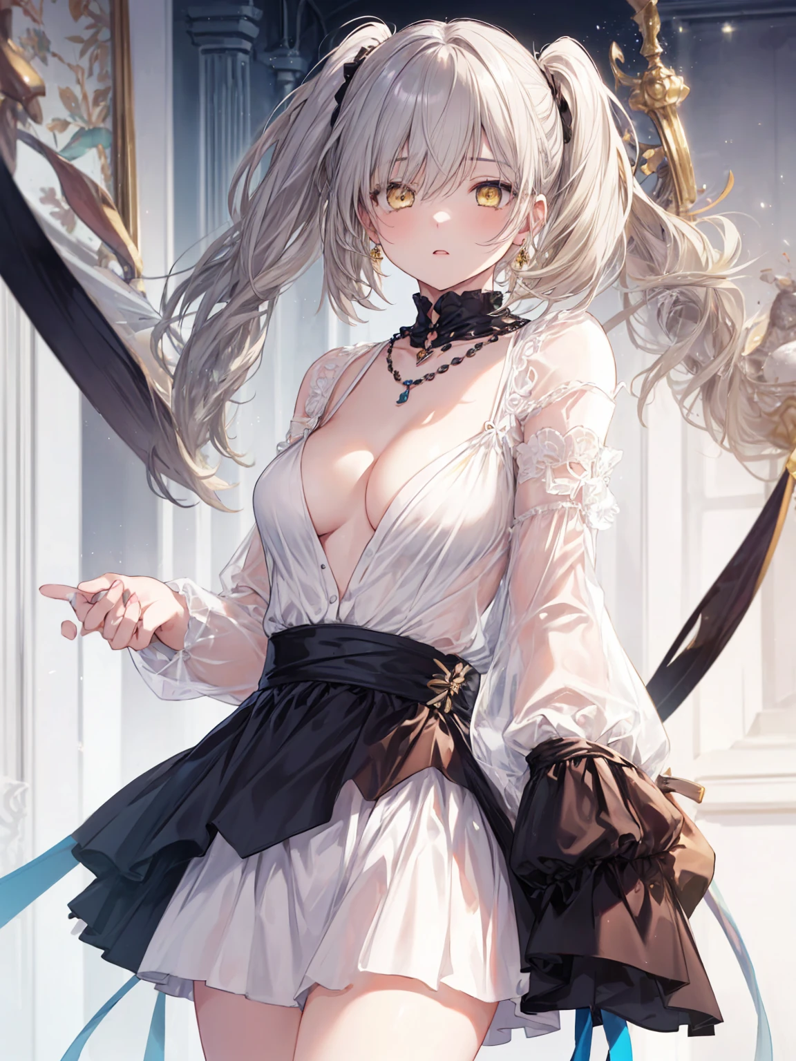 Highest quality 8K resolution,masterpiece, Exquisite detail, Realistic, Realistic, Soft tones,Color Palette, Alone, (26 year old girl:1.6),(Small eyes,Yellow Eyes:1.5), (Short Hair,Twin tails:1.5), Shiny silver hair,Twin tails,Asymmetrical bangs,(No bra), (No sleeve:1.4),Beautiful proportions,Open your mouth,(Shiny white skin),(Detailed and sparkling eyes,Cat Eyes), (Big breasts,Cleavage:1.3), necklace,Earrings,accessories,Cowboy Shot, Are standing, indoor,Detailed clothing,7 lifespan,(low length),Sulky look