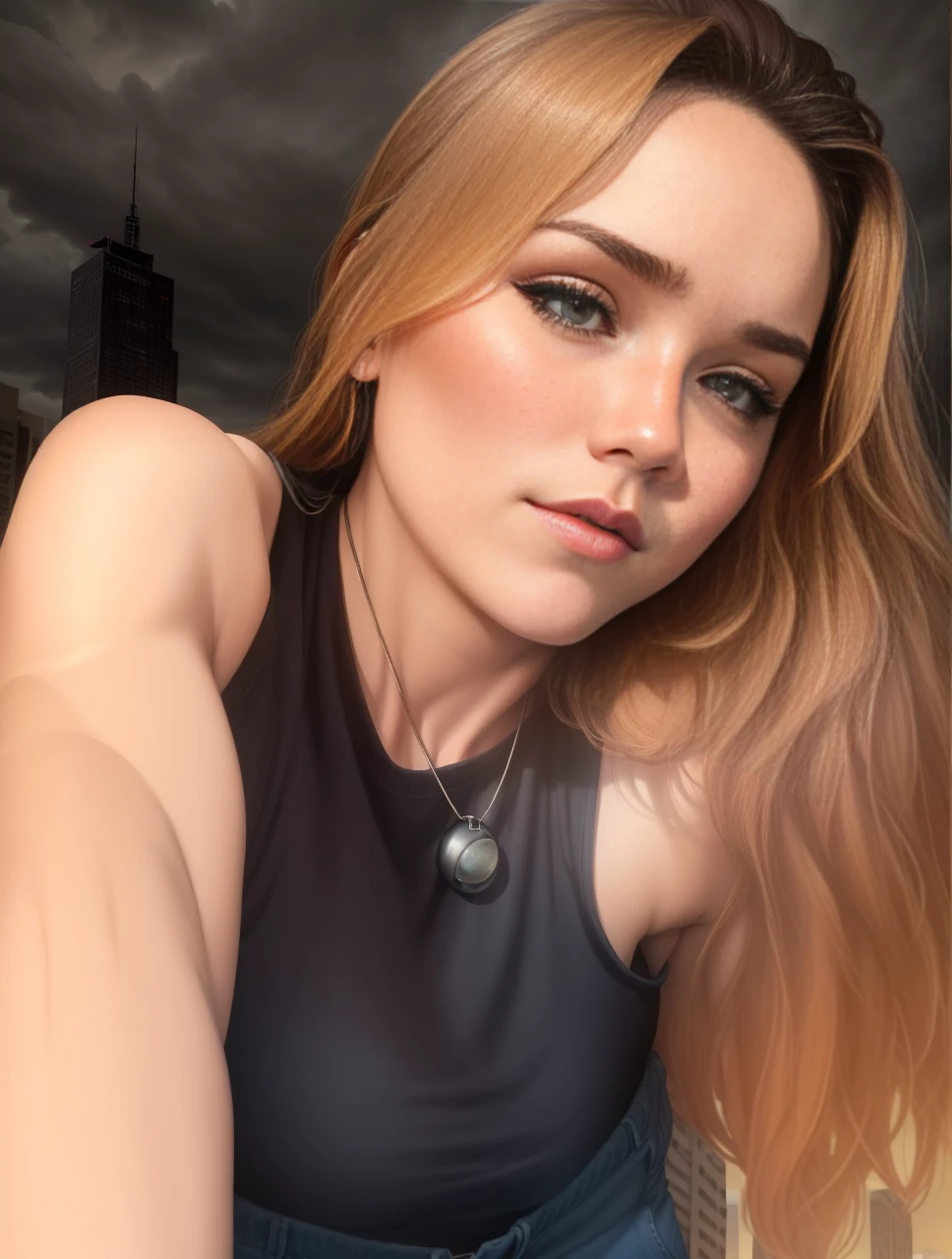 "A towering Giantess in a cool and laid-back hippie style is rocking a crop top and baggy pants. Her toned and athletic build hints at her massive strength. She seems to be casually strolling through the bustling cityscape of GTS City, as towering buildings loom overhead. Smoke and clouds roil around her, adding to the sense of epic scale and drama. The lighting is dark, gloomy, and realistic, creating a tense and ominous atmosphere. The perspective is from below, emphasizing the sheer majesty and power of the Giantess."