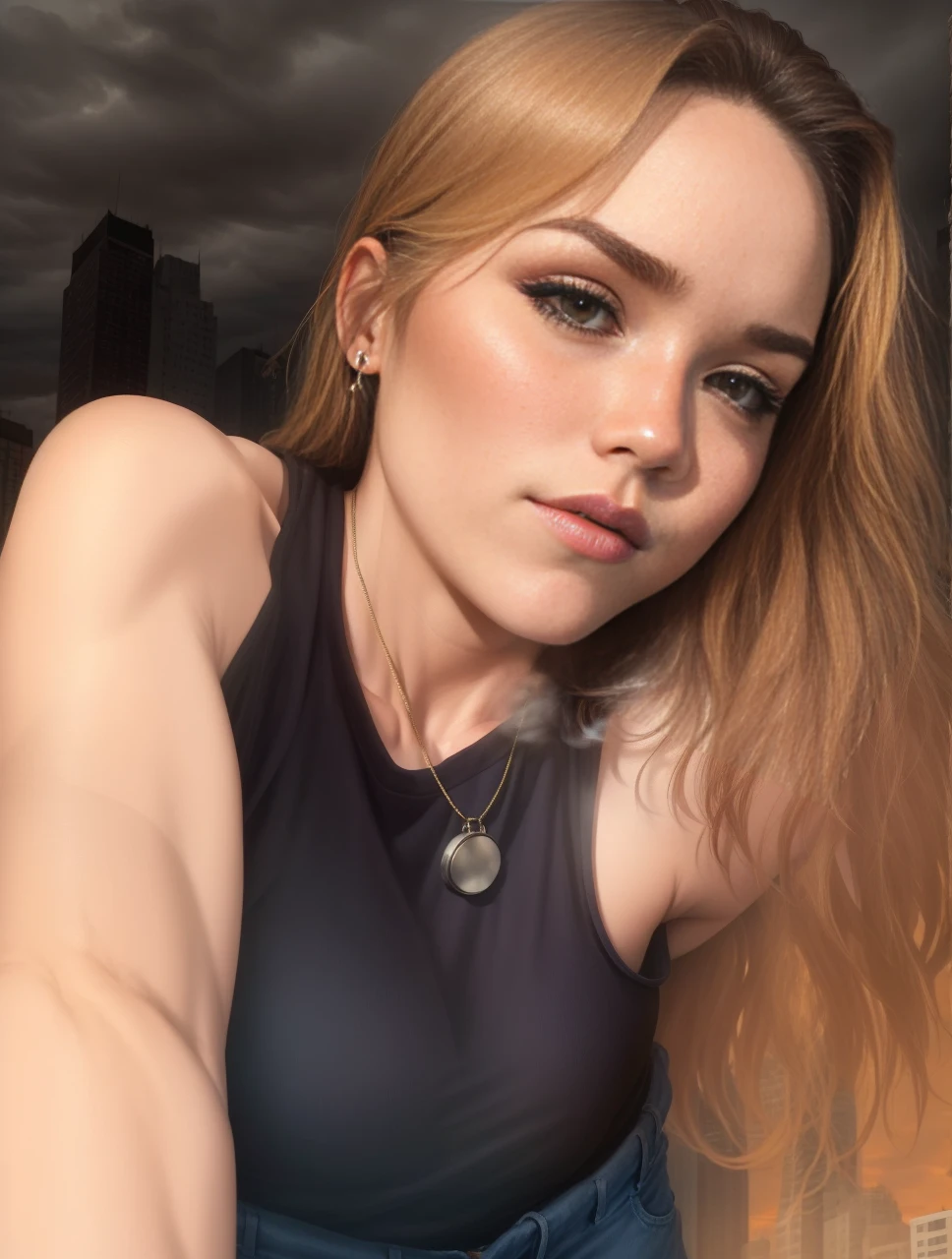 "A towering Giantess in a cool and laid-back hippie style is rocking a crop top and baggy pants. Her toned and athletic build hints at her massive strength. She seems to be casually strolling through the bustling cityscape of GTS City, as towering buildings loom overhead. Smoke and clouds roil around her, adding to the sense of epic scale and drama. The lighting is dark, gloomy, and realistic, creating a tense and ominous atmosphere. The perspective is from below, emphasizing the sheer majesty and power of the Giantess."
